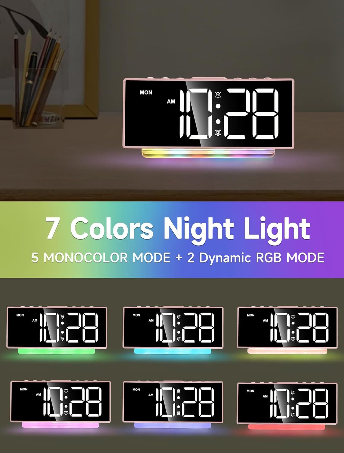 Modern Curved Cute Digital Alarm Clock,Colorful Led Display,Adjustable Volume,Weekday/Weekend Mode,Simple Clock for Bedrooms Bedside,Ok to Wake Up for Girls,Kids,Teens (Pink+Dynamic)