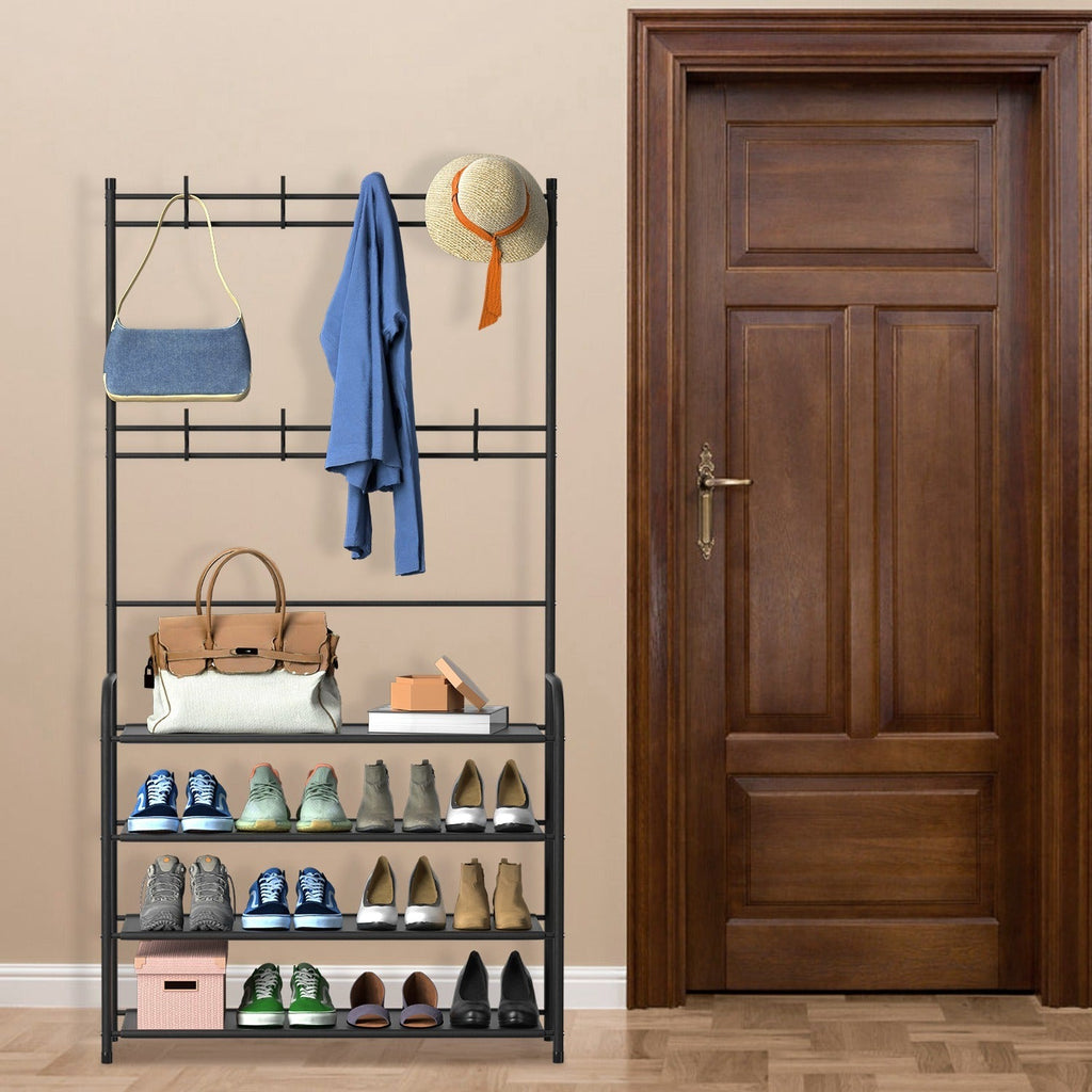 Entryway Coat Hat Rack Shoe Storage Shelf Shoe Rack Freestanding Hall Tree Garment Hanger Stand Clothes Shoe Organizer Combo