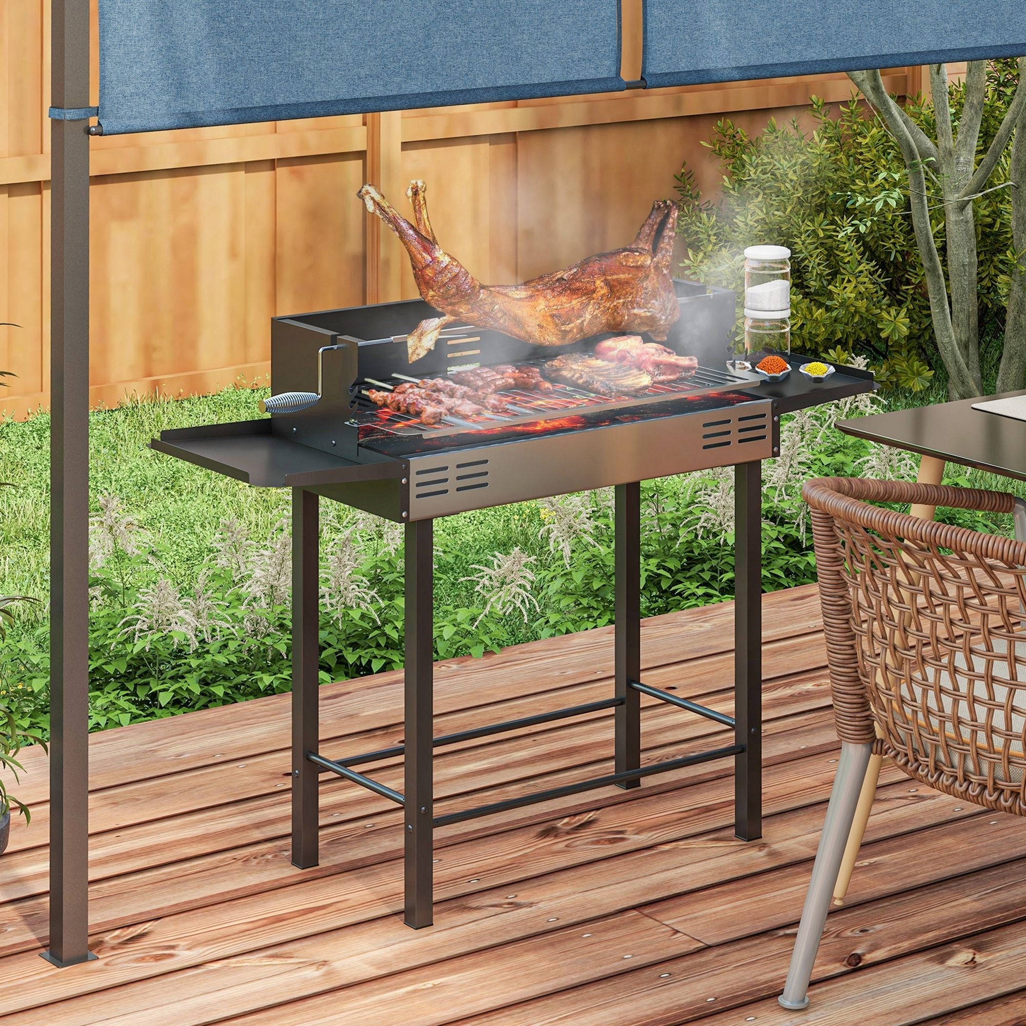 Outsunny BBQ Rotisserie Charcoal Grill for Chicken Turkey with 3-Level Grate Storage Shelves Stainless Steel