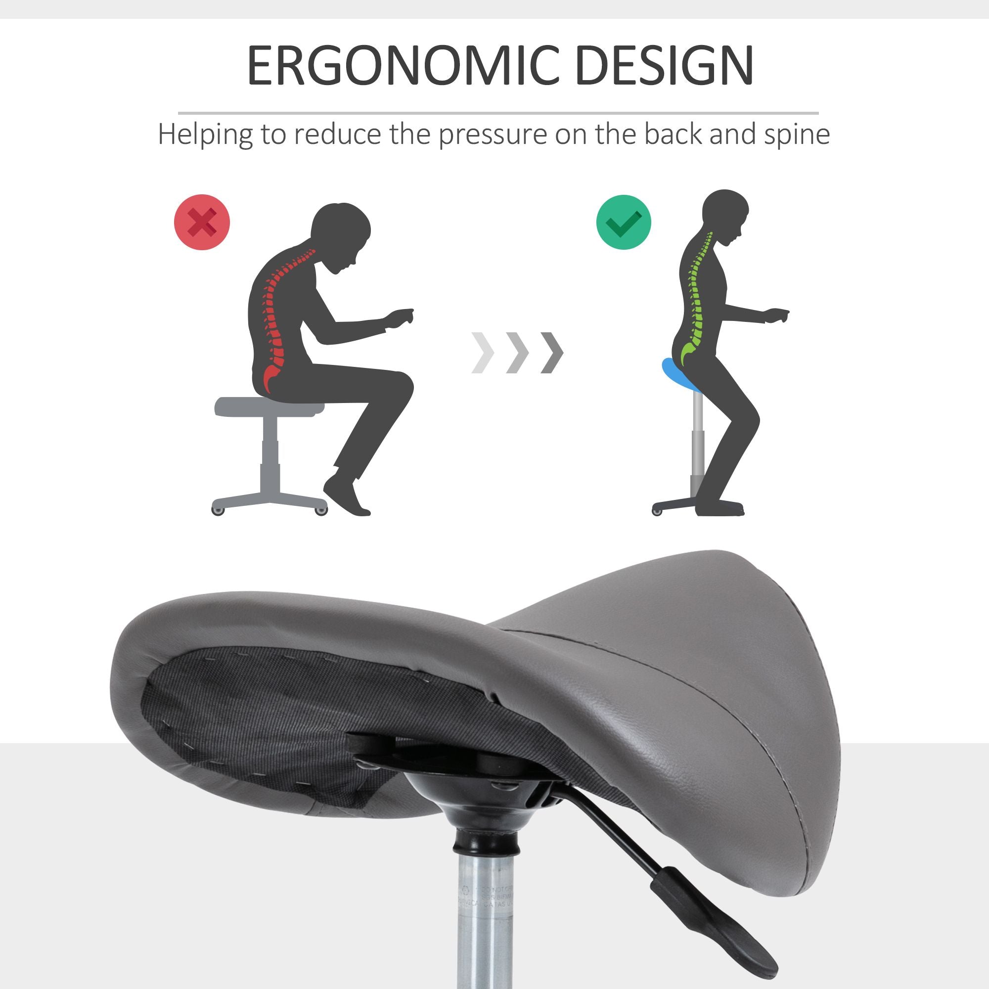 Saddle Stool Adjustable Hydraulic Rolling Beauty Salon Stool Ergonomic PU Leather Stool Round Grey