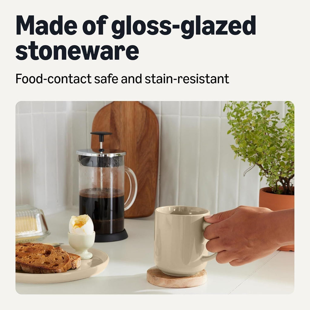 Basics Ceramic Coffee Mugs, Ceramic 4-Piece Set, 16 oz, Microwave and Dishwasher-Safe, Linen Gray