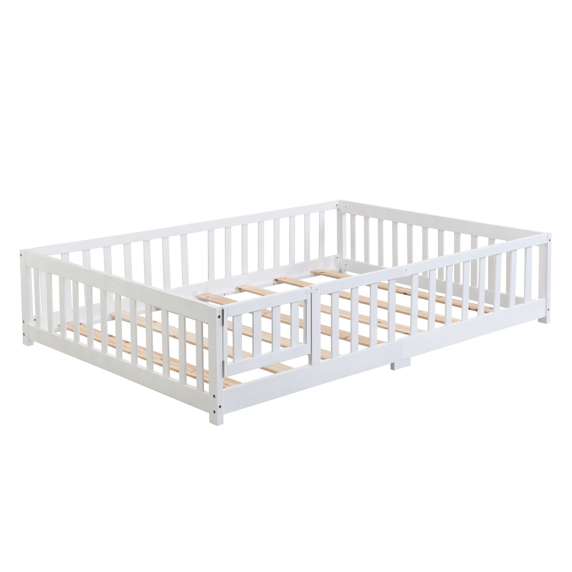 Full Size Floor Bed with Door, Solid Wood Platform Bed Frame with Fence, Suitable for children, Pine Wood