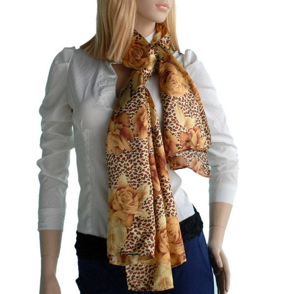 Blando Gold Leopard & Rose Floral Pattern Stylish super soft Silk Scarf/Wrap/Shawl(Large)