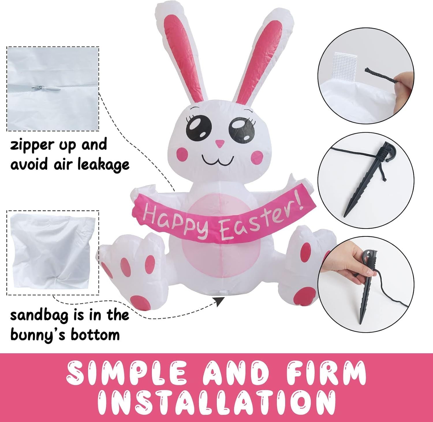 3.8 FT Easter Inflatable Cute Bunny Outdoor Decorations, Easter Blow up Banner Bunny Yard Decorations Build-in Flashing LED Lights, Decorate Outdoor Indoor Garden Lawn Yard.