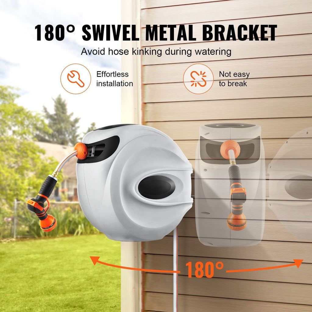 Retractable Hose Reel, 130 ft x 1/2 inch, 180° Swivel Bracket Wall-Mounted, Garden Water Hose Reel with 9-Pattern Nozzle, Automatic Rewind, Lock at Any Length, and Slow Return System