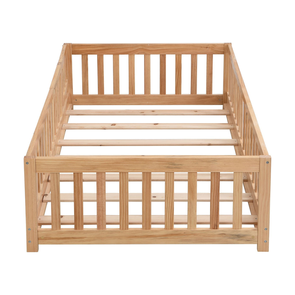 Full Size Floor Bed with Door, Solid Wood Platform Bed Frame with Fence, Suitable for children, Pine Wood