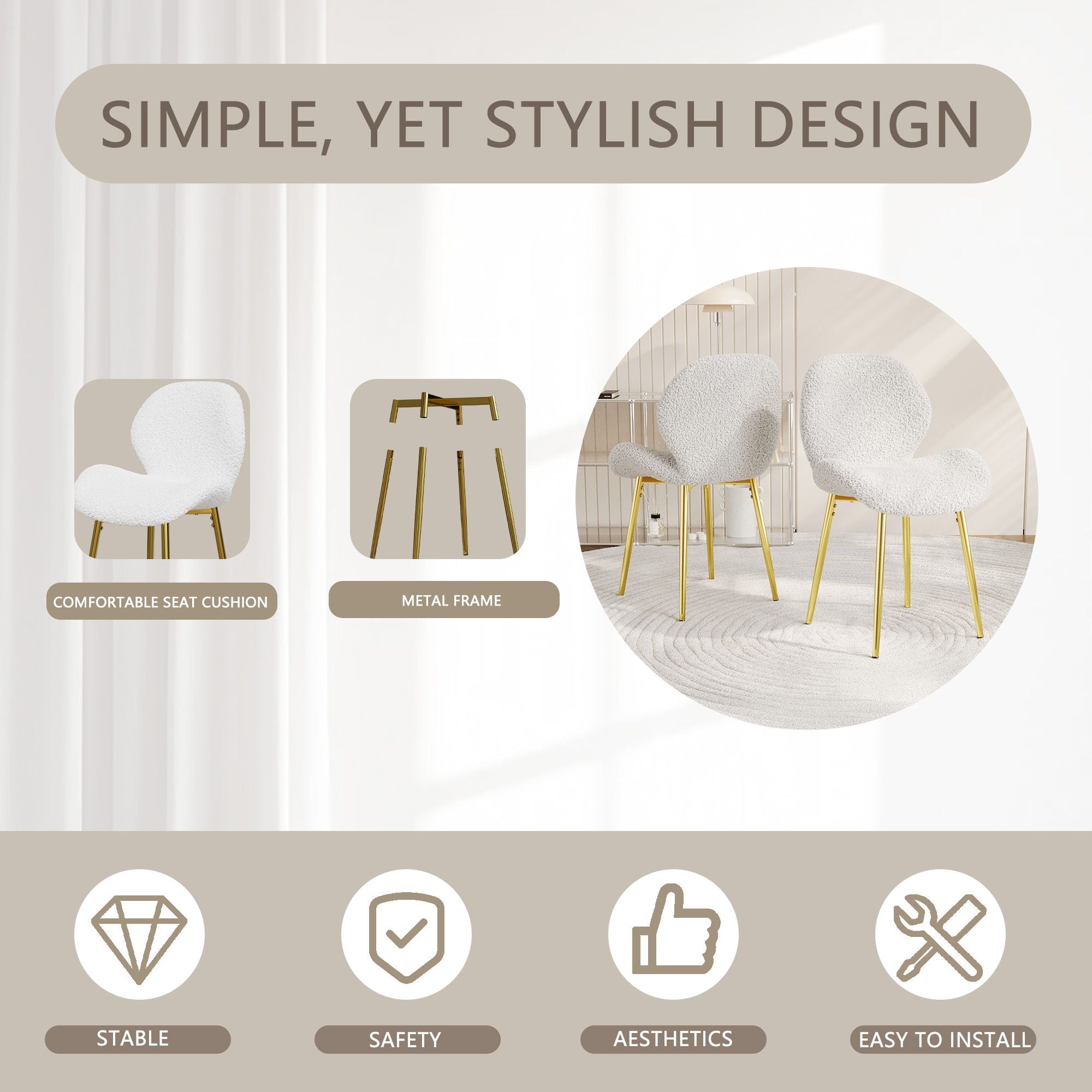 Modern minimalist white teddy velvet Dining Chairs Set of 2 with sturdy gold metal legs and comfortable backrest design, suitable for restaurants, kitchens, and offices.
