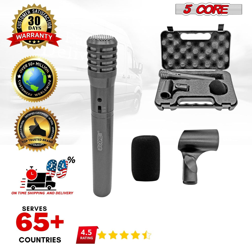 5 CORE Professional Instrument Microphone Pencil Mic Condenser Cardioid Unidirectional Stick Microfono with Windscreen Mic Clip & Case - INSTRU MIC 100 GREY