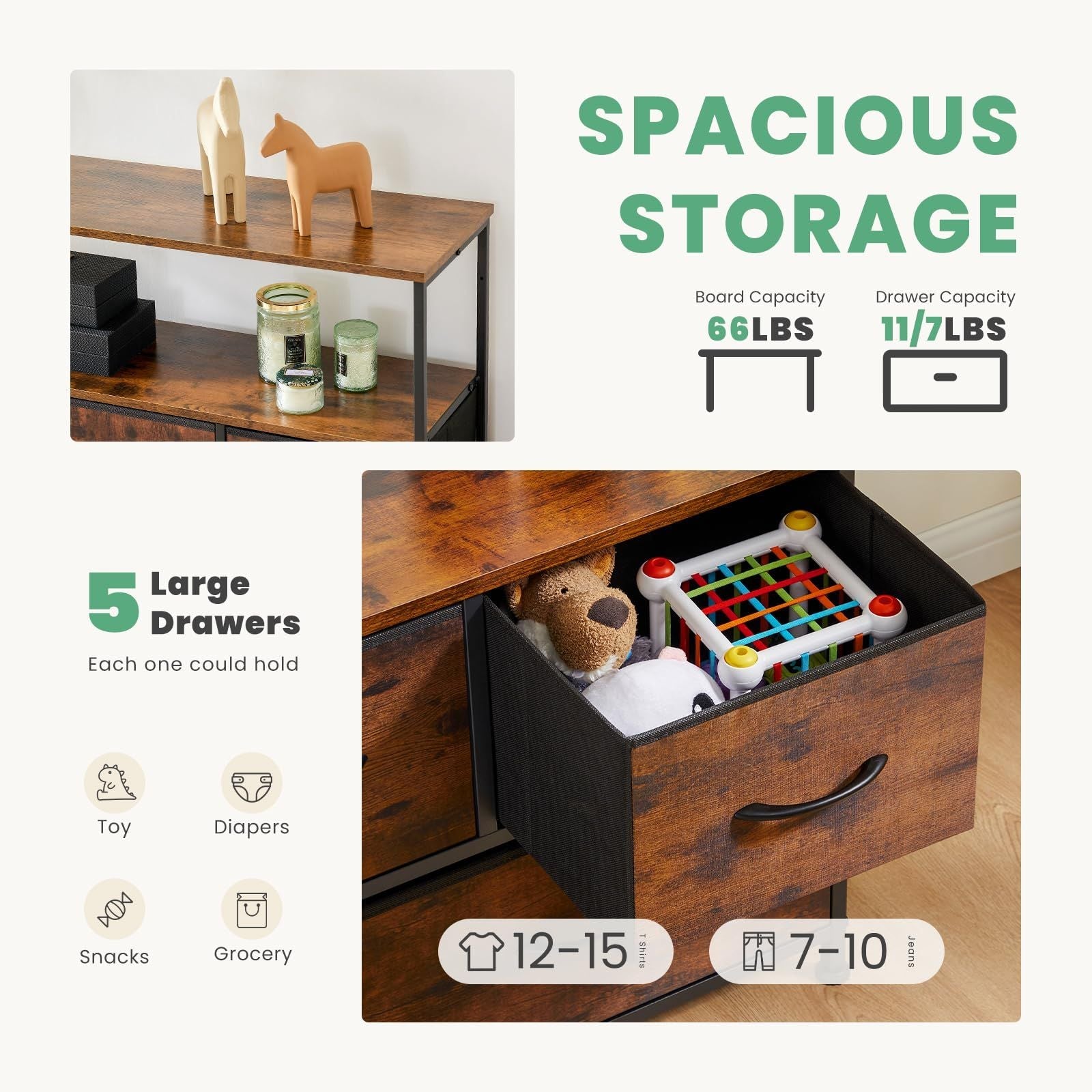 Dresser for Bedroom, Chest of Drawers, 5 Drawer Dresser, Closet Fabric Dresser with Metal Frame tv stand