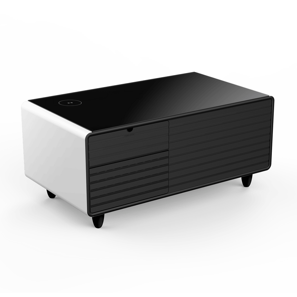 Modern Smart mini Coffee Table with Built in Fridge;  Outlet protection; Wireless charging module; Mechanical temperature control; Power socket; USB interface And power interface.