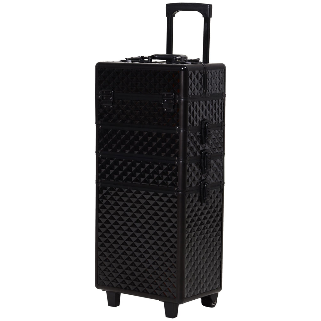 4 in 1 Makeup Train Case Portable Aluminum Rolling Cosmetic Organizer Trolley with Wheels Multiple Compartments Black