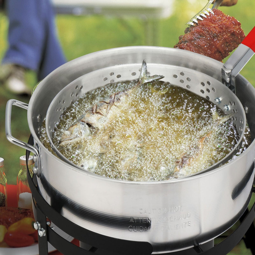 30QT Propane Turkey Fryer Set Silver Aluminum Pot with Black Round Iron Stand Outdoor Gas Deep Fryer Kit for Frying Turkey Seafood and Boiling Crawfish Backyard Cooking Equipment