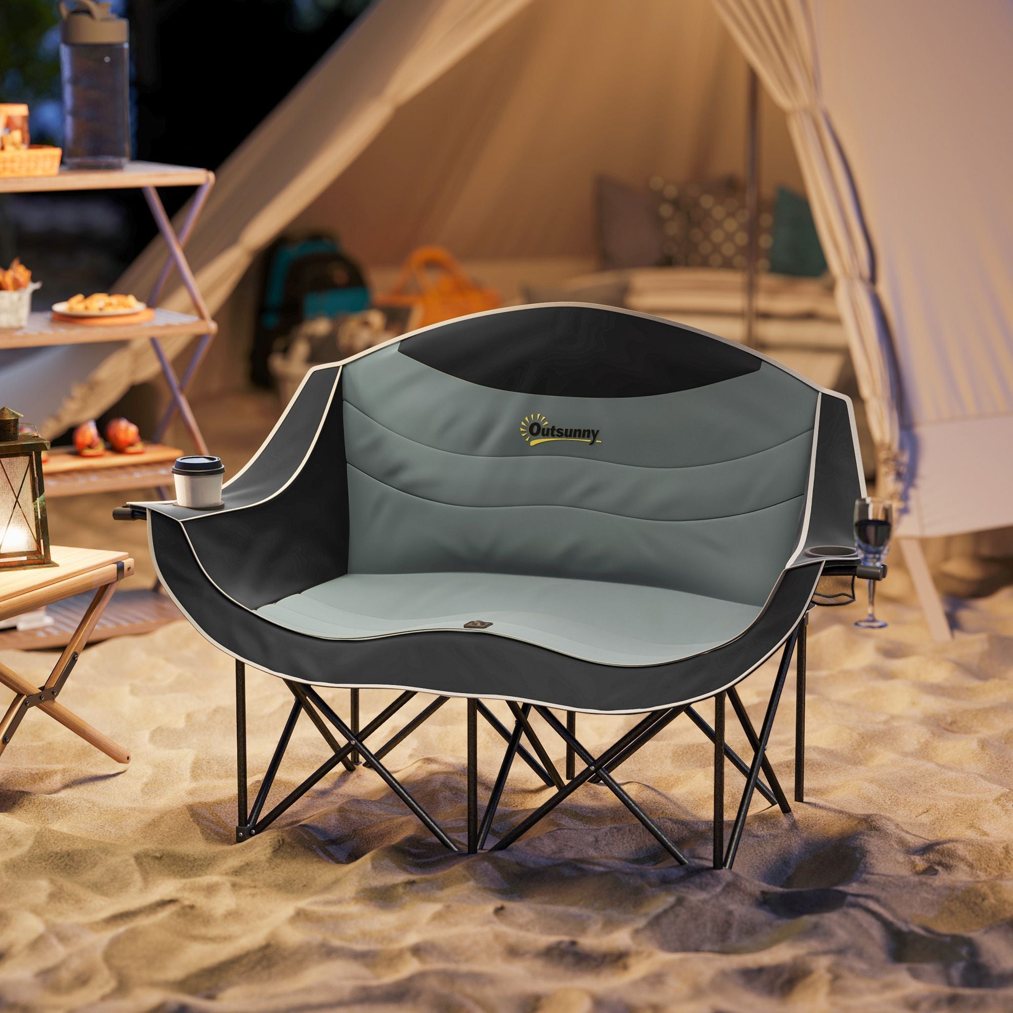 Padded Folding Camp Chair for Adults, Double Camping Chairwith Armrests, Cup Holders, Carry Bag for Outdoor, Black