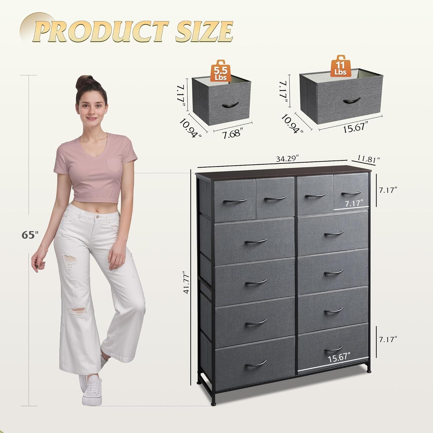 Tall Dresser for Bedroom with 12 Drawers, Dressers & Chests of Drawers, Fabric Dresser for Closet, Living Room, Storage Dressers with Storage Drawers, Steel Frame, Wood Top