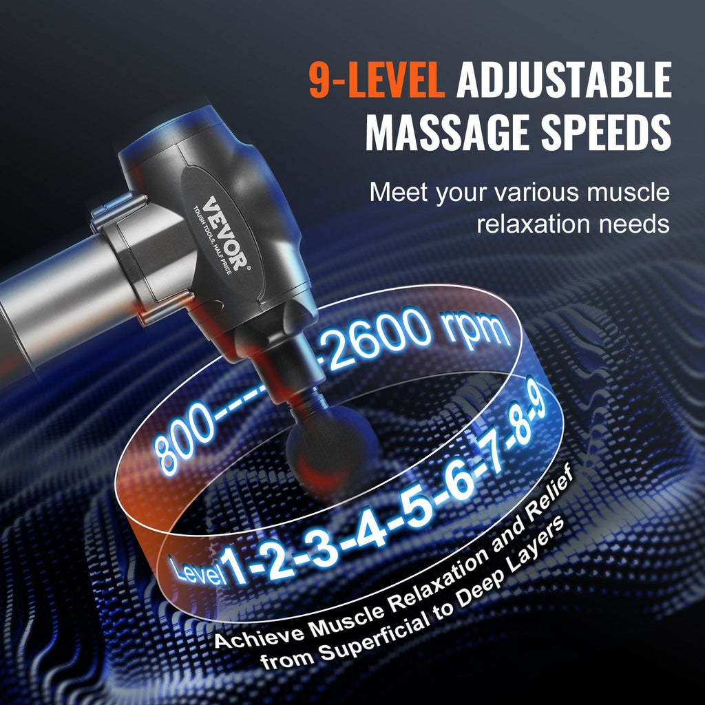 VEVOR Deep Tissue Massage Gun with 9 Speeds & 6 Heads - Handheld Percussion Massager for Muscle Pain Relief & Relaxation