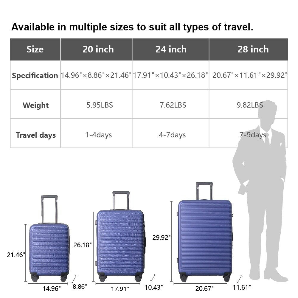 Luggage Sets ABS Hardshell 3pcs Luggage, Lightweight Durable Suitcase sets Spinner Wheels Suitcase with TSA Lock 20''24''28'' Available(Blue)