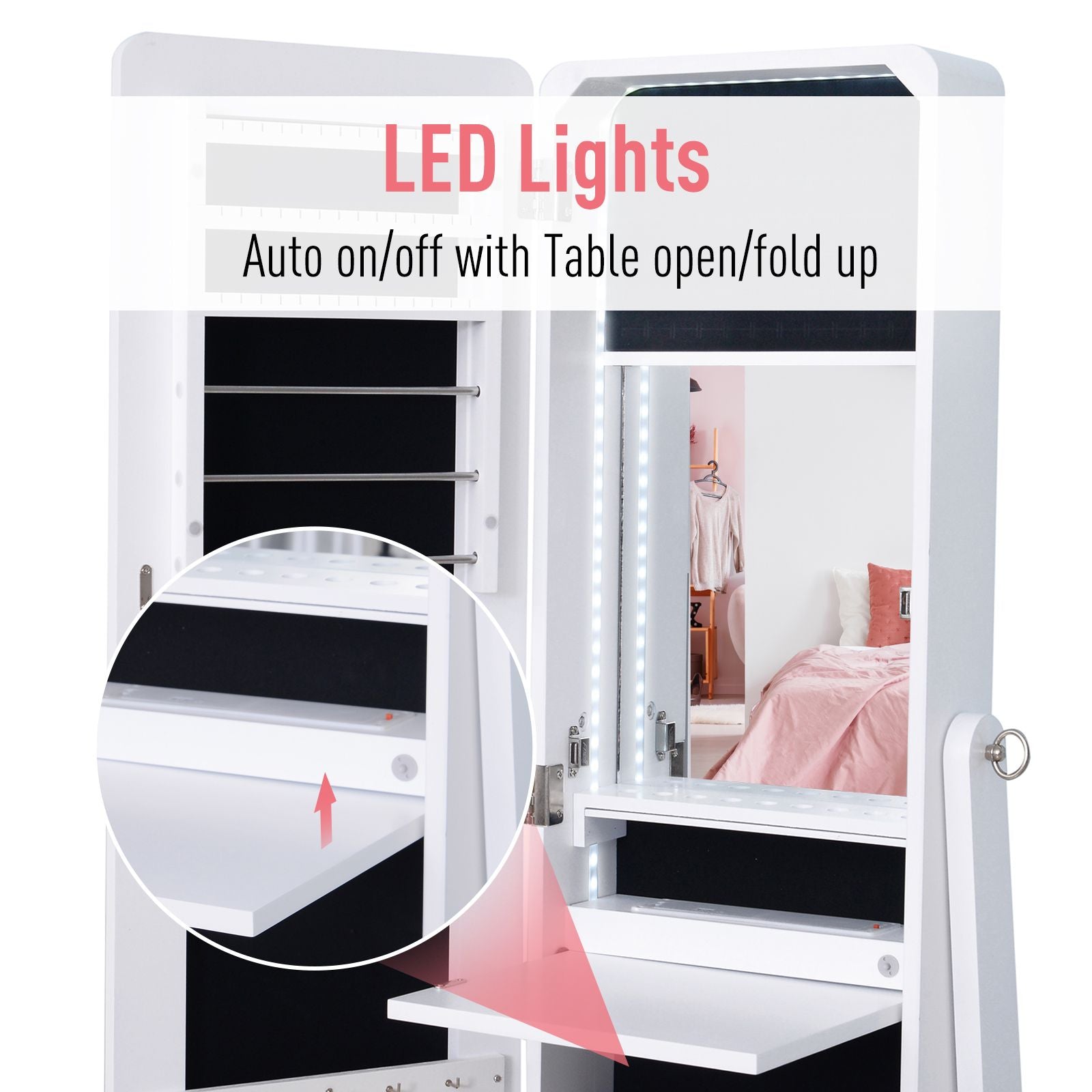 Mirrored Jewelry Armoire LED Lights Freestanding Organizer Adjustable Angle Lockable Cabinet White