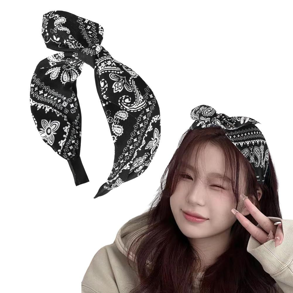 Bandana Headbands with Knotted Bow and Rabbit Ear Design for Women and Girls - Black Bowknot Hairband Accessories