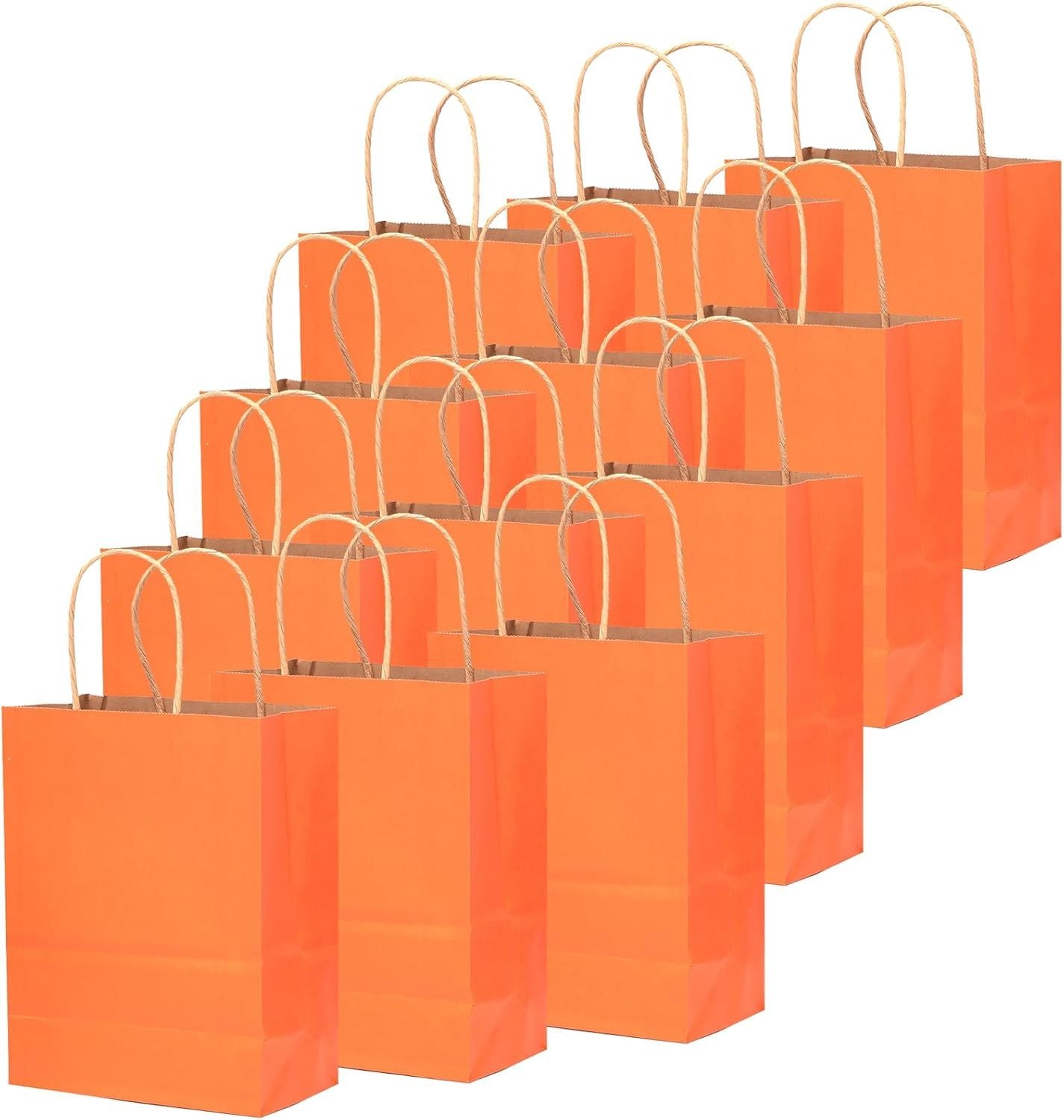 100Pcs Gift Bag with Handles Bulk Kraft Orange Paper Bags Multiple Uses (8.3"x3"x6", Small Size)