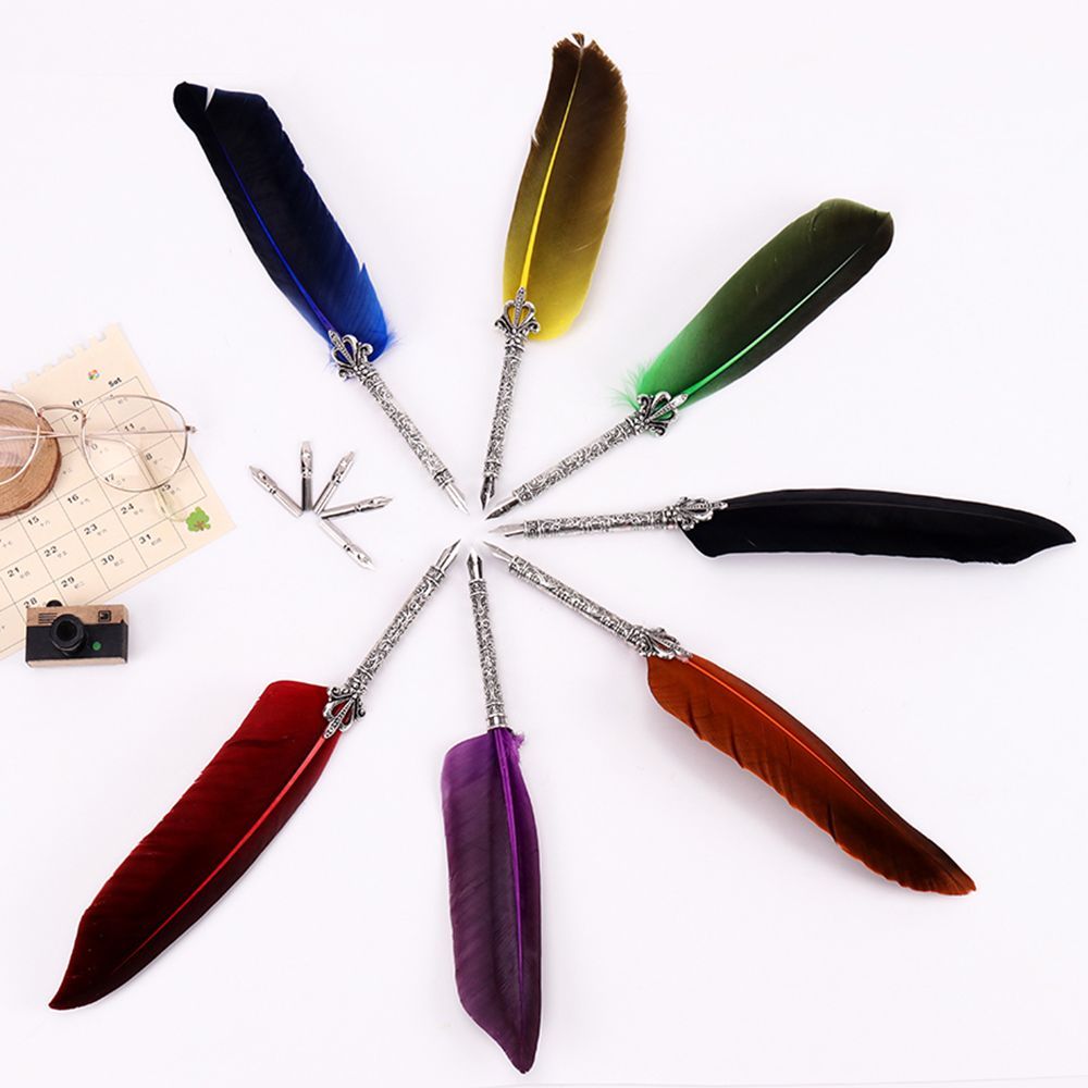 1 Set Vintage Quill Dip Pen Turkey Feather Pen Quill Oblique + 5 Nibs+ Pen Set Gift