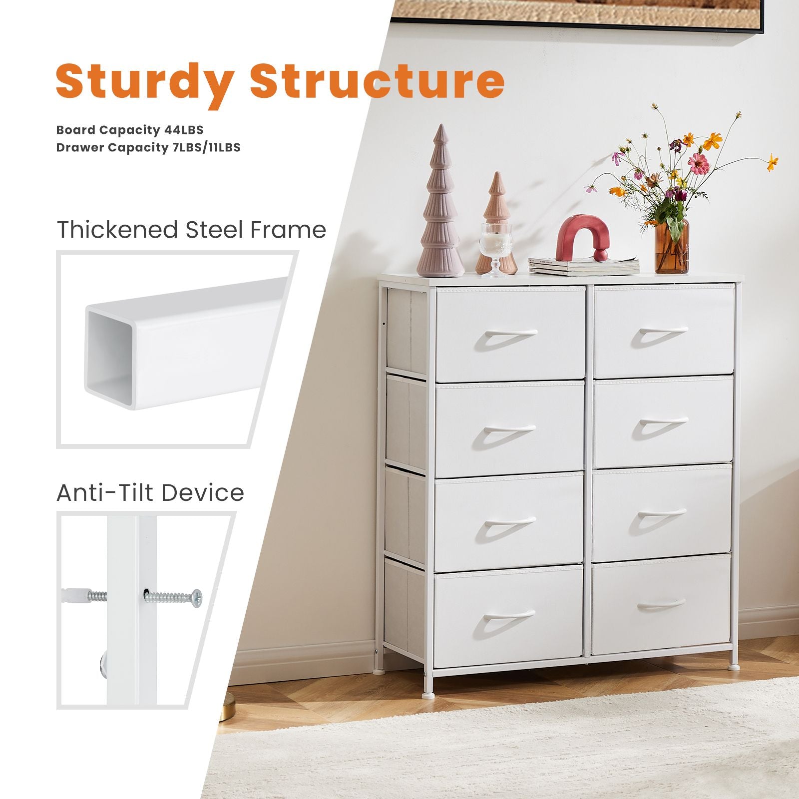 Dresser for Bedroom with 8 Drawers Tall Dresser & Chest of Drawers Fabric Dresser with Wood Top and Sturdy Steel Frame