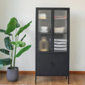 Elegant Matte Black Metal and Glass Storage Cabinet with Adjustable Shelves