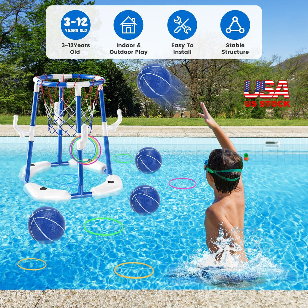Summer Pool Basketball Hoop Toy Set With 4 Basketballs 4 Circles Pump Floating Swimming Pool Basketball Games Poolside Water Play Toy For 3-12Years Old Kids Adults