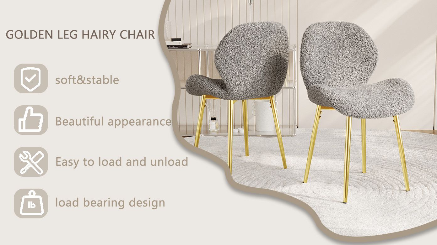 Modern minimalist white teddy velvet Dining Chairs Set of 2 with sturdy gold metal legs and comfortable backrest design, suitable for restaurants, kitchens, and offices.
