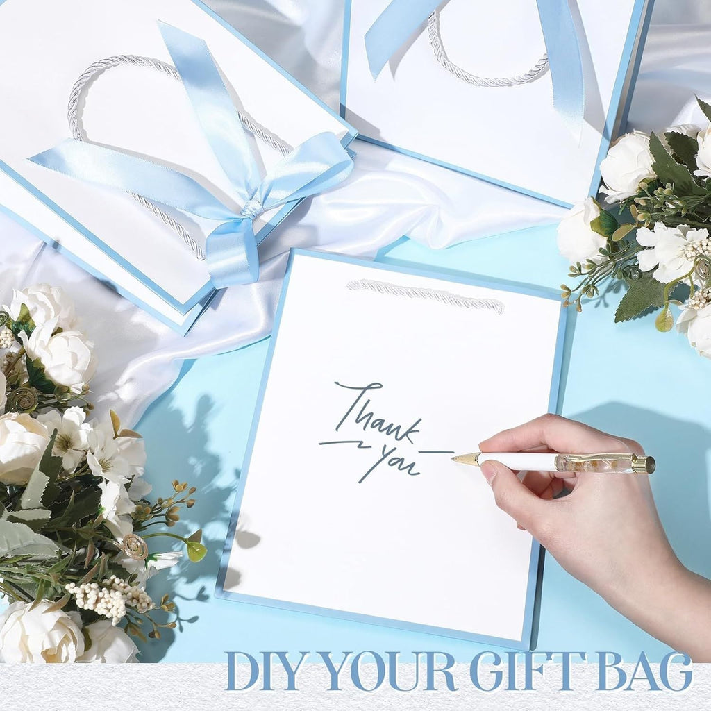 12 Pcs Paper Gift Bags with Handle 9x7x3.15'' Thank You Gift Bags with Bow Ribbon for Holiday Valentines Wedding Bridal Baby Shower Birthday Party