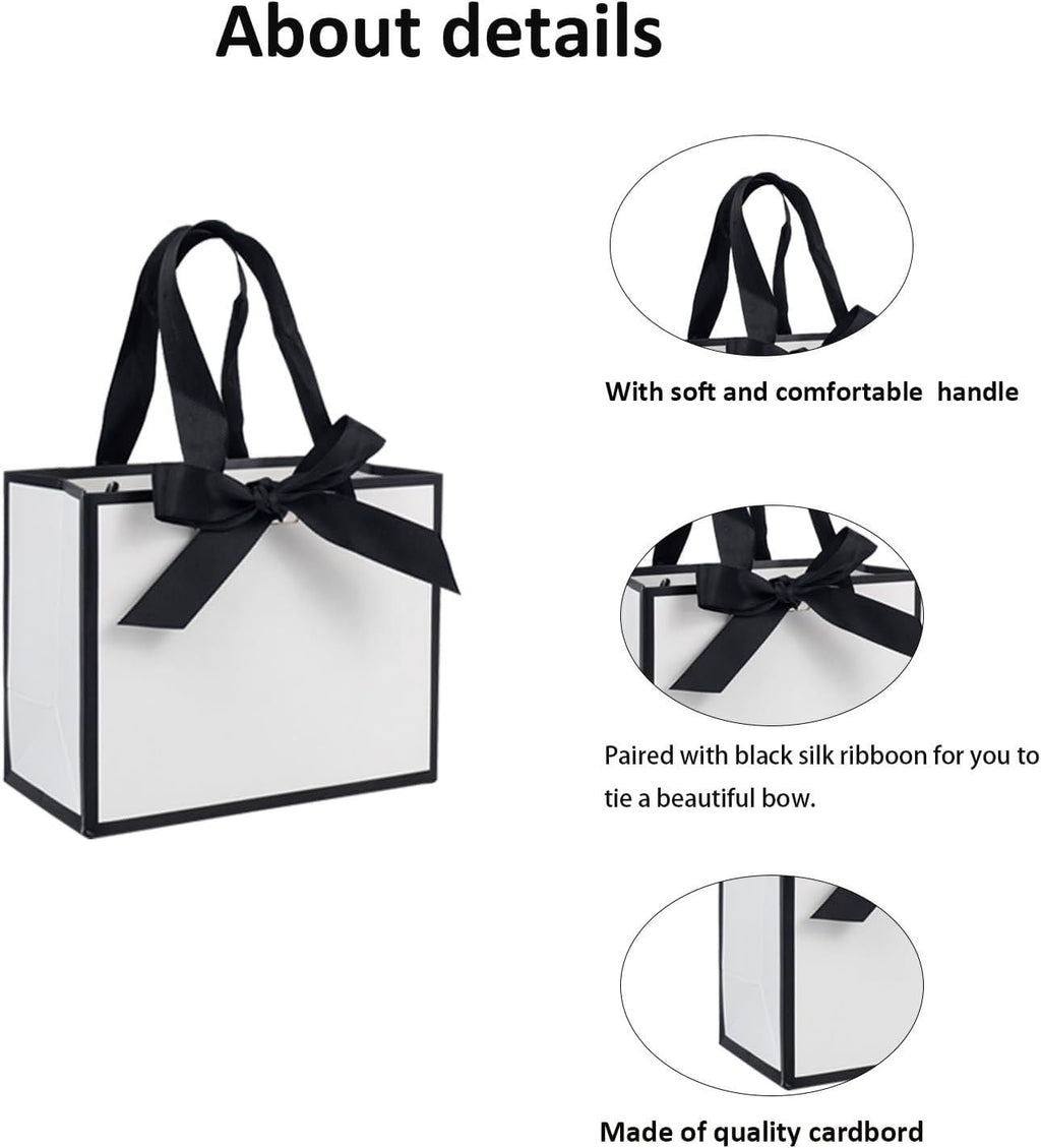 50 PCS Small White Black Gift Bags with Handles, 6.4×3.1×5.1 Inch Thank You Bags with Bow Ribbon for Baby Shower, Bridal Shower, Wedding, Party Favors, Thanksgiving, Christmas