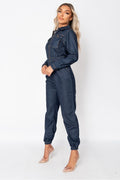 Indigo Zip Front Elasticated Hem Long Sleeve Denim Jumpsuit