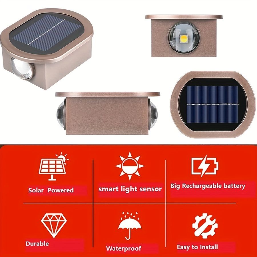 1pc 2 LEDs Solar Wall Light UP And Down Illuminate Outdoor Sunlight Sensor Lamp Waterproof Modern Nordic Style Decor For Home Garden Porch (Warm White & Cold White) (Bronze)