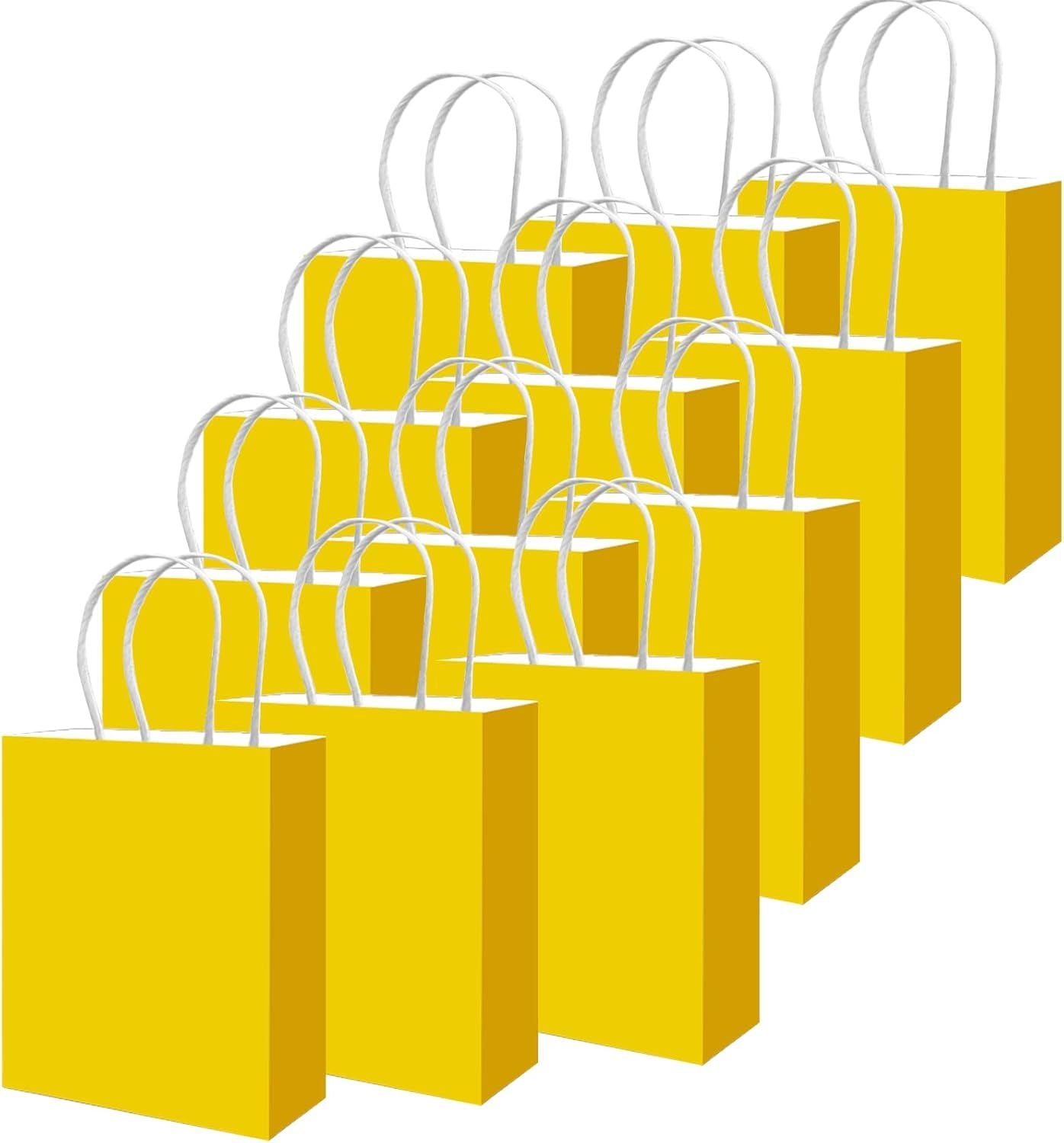 100PCS Gift Bag with Handles Bulk Bright Yellow Paper Bags Multiple Uses (8.3"x3"x6"inch Small Size)