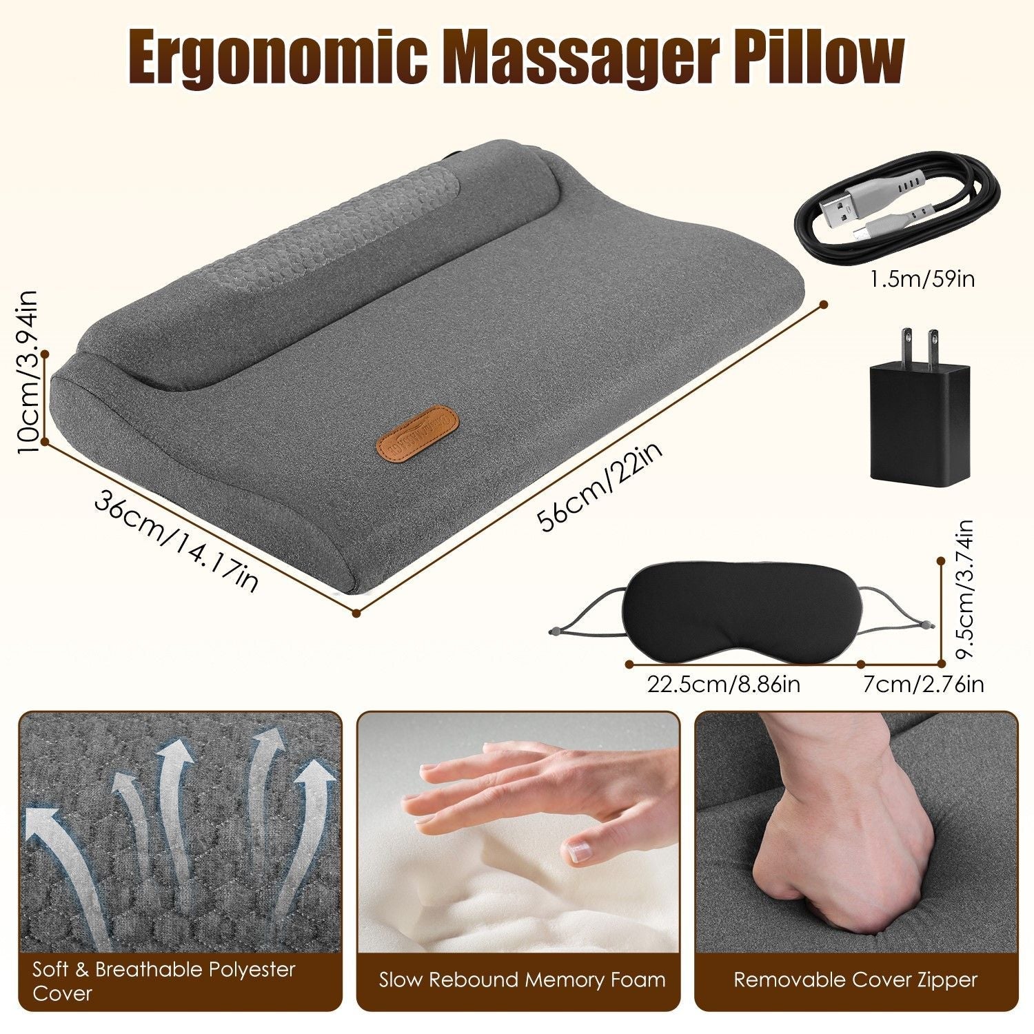 Neck Massager Pillow Ergonomic Massager Memory Foam Pillow with 3-Level Heating 3-Intensity Vibration 30Min Timer for Neck Back Shoulder Pain Relief