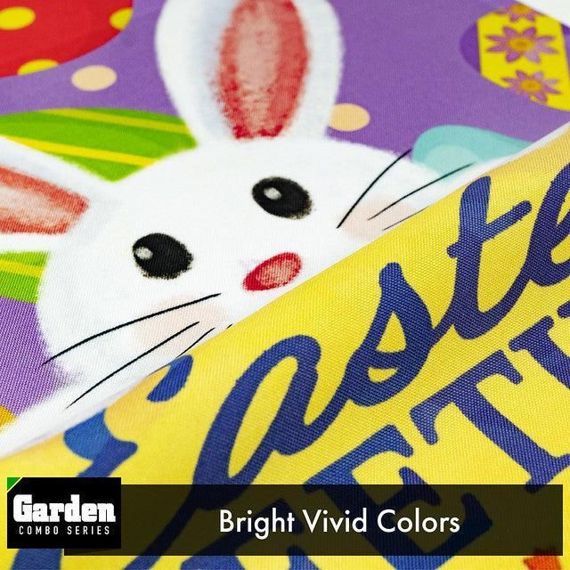 Combo Pack Garden Flag Stand Black 36x16 Inch & Garden Flag Easter Greetings with White Bunny Eggs 12x18 Inch