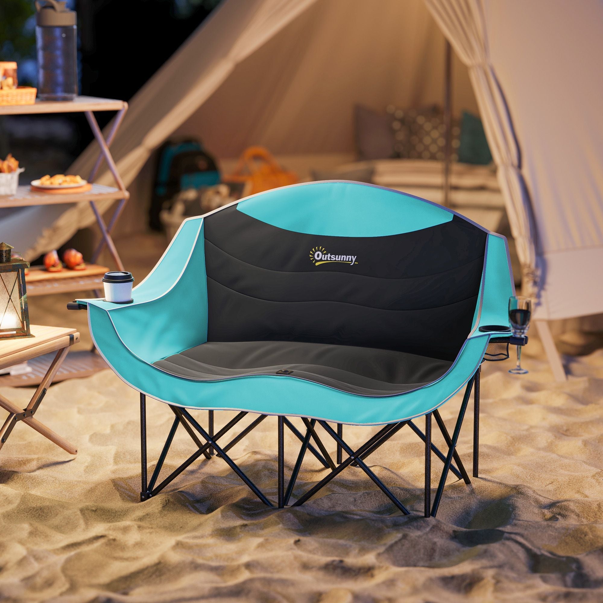 Padded Folding Camp Chair for Adults, Double Camping Chairwith Armrests, Cup Holders, Carry Bag for Outdoor, Green