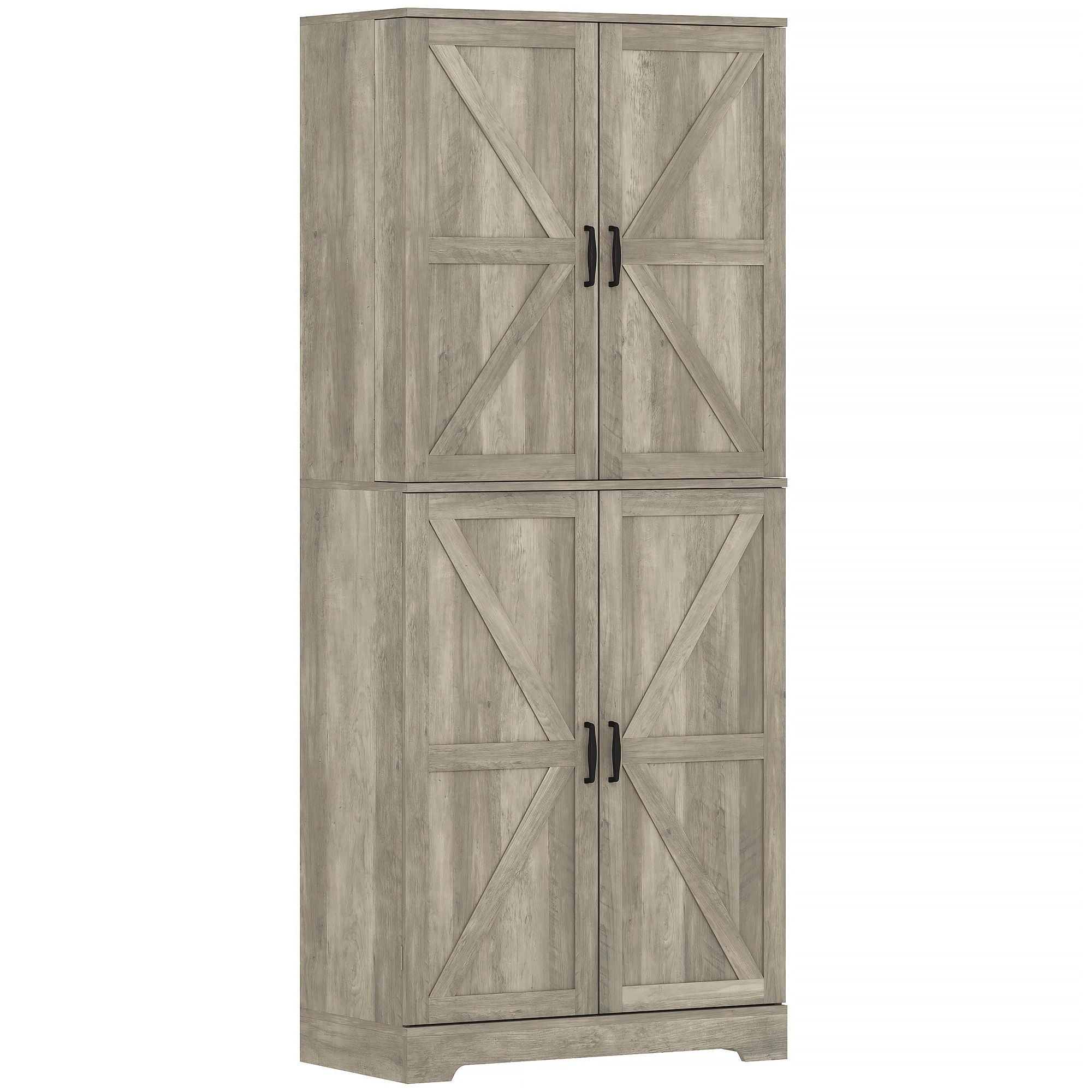 HOMCOM Farmhouse Kitchen Pantry, 72" Tall Pantry Cabinet with 4 Barn Doors, 4 Adjustable Shelves and 8 Door Shelves, Gray Wash