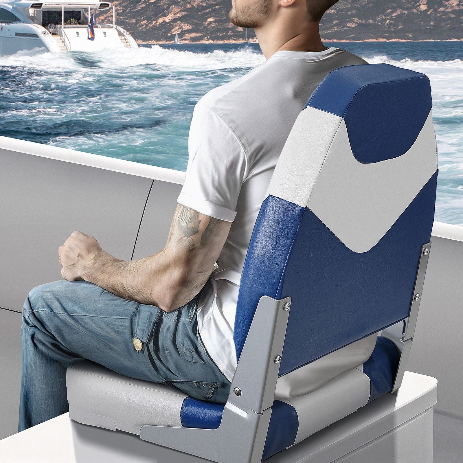 VEVOR Boat Seats, 21.85" High Back Boat Seat, Folding Boat Chair with Thickened Sponge Padding and Hinge, Fold-Down Boat Captain Chairs for Fishing Boat, Sightseeing Boat, Speedboat, Canoe, 2-Pack