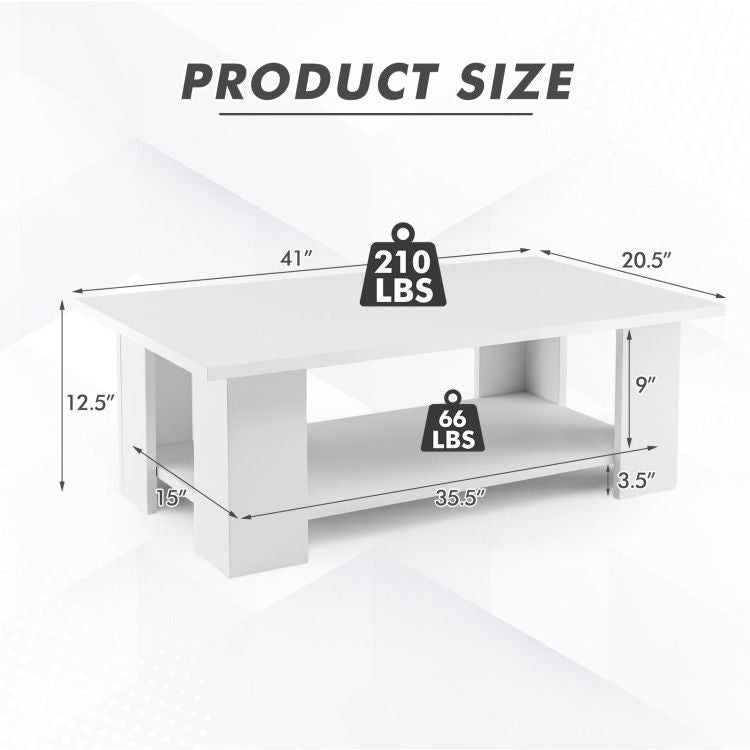 Large 41 Inch 2-tier Wooden Modern Coffee Table with Storage Shelf living room table