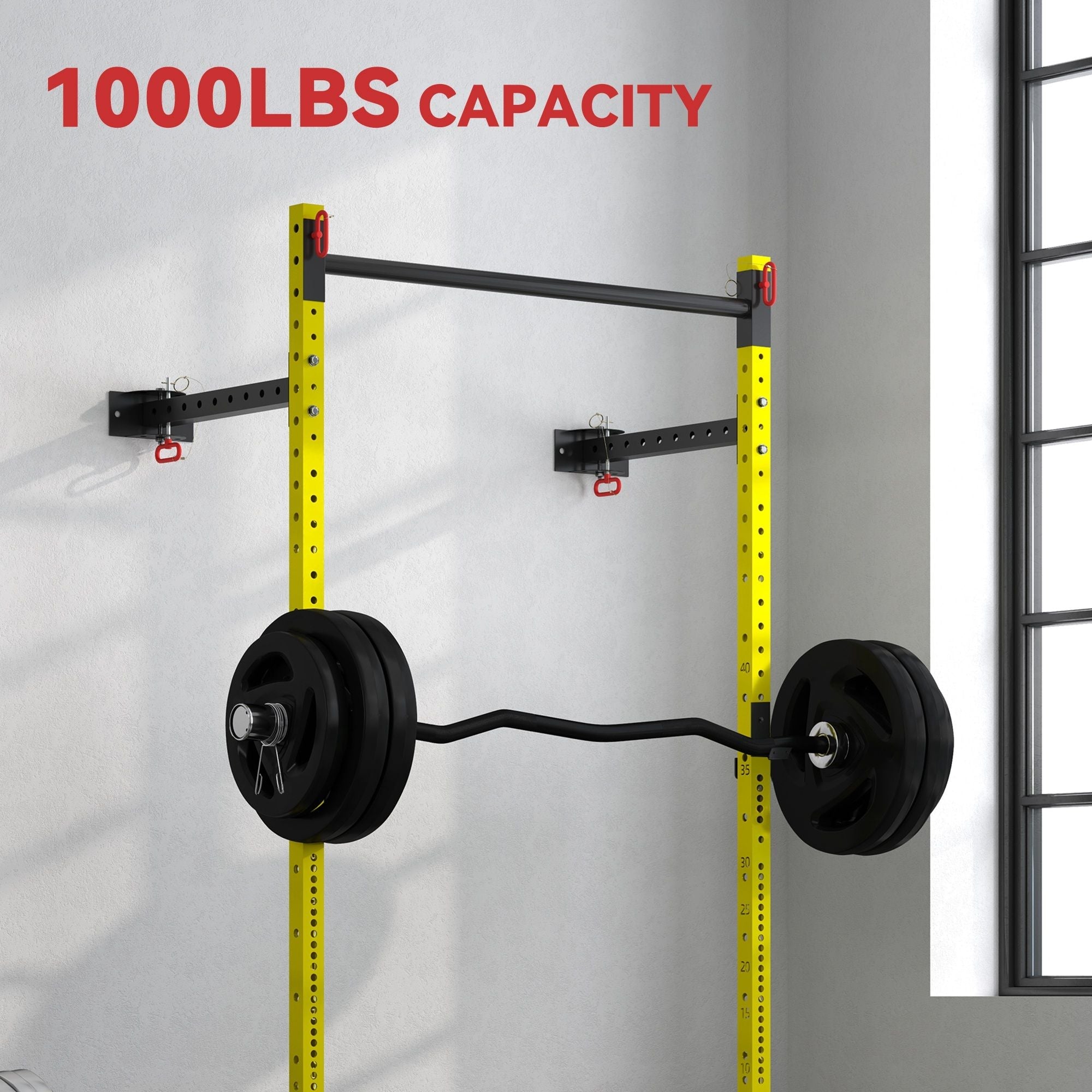 Folding Squat Rack with Pull Up Bar, Wall Mounted and Adjustable, 1000 Pounds Capacity Power Rack, Yellow