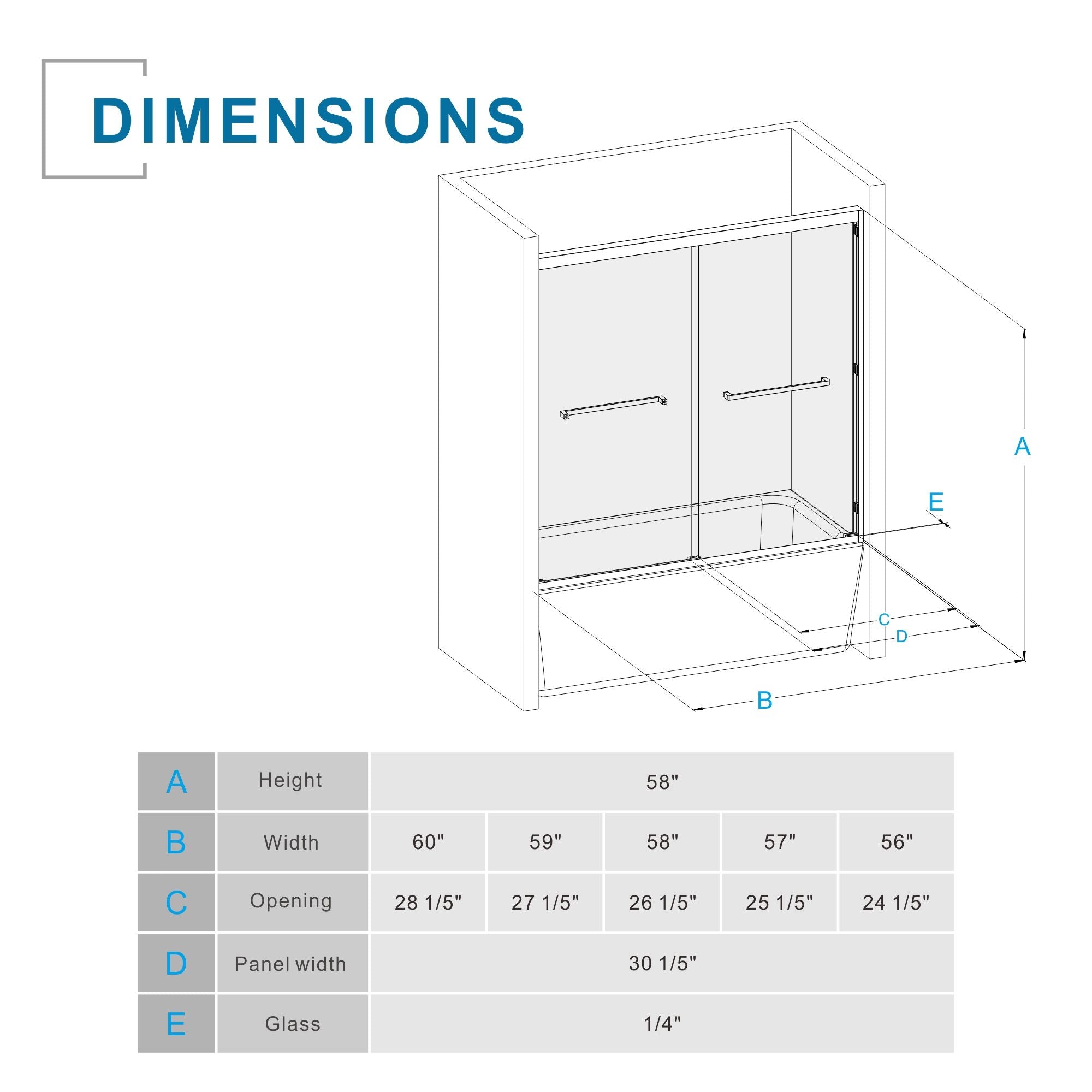 Double Sliding Bathtub Shower Door 60 in. W x 58 in. H Aluminum Framed Shower Enclosure for Tub with SGCC Clear Tempered Glass, Stainless Steel Hardware, Matte Black