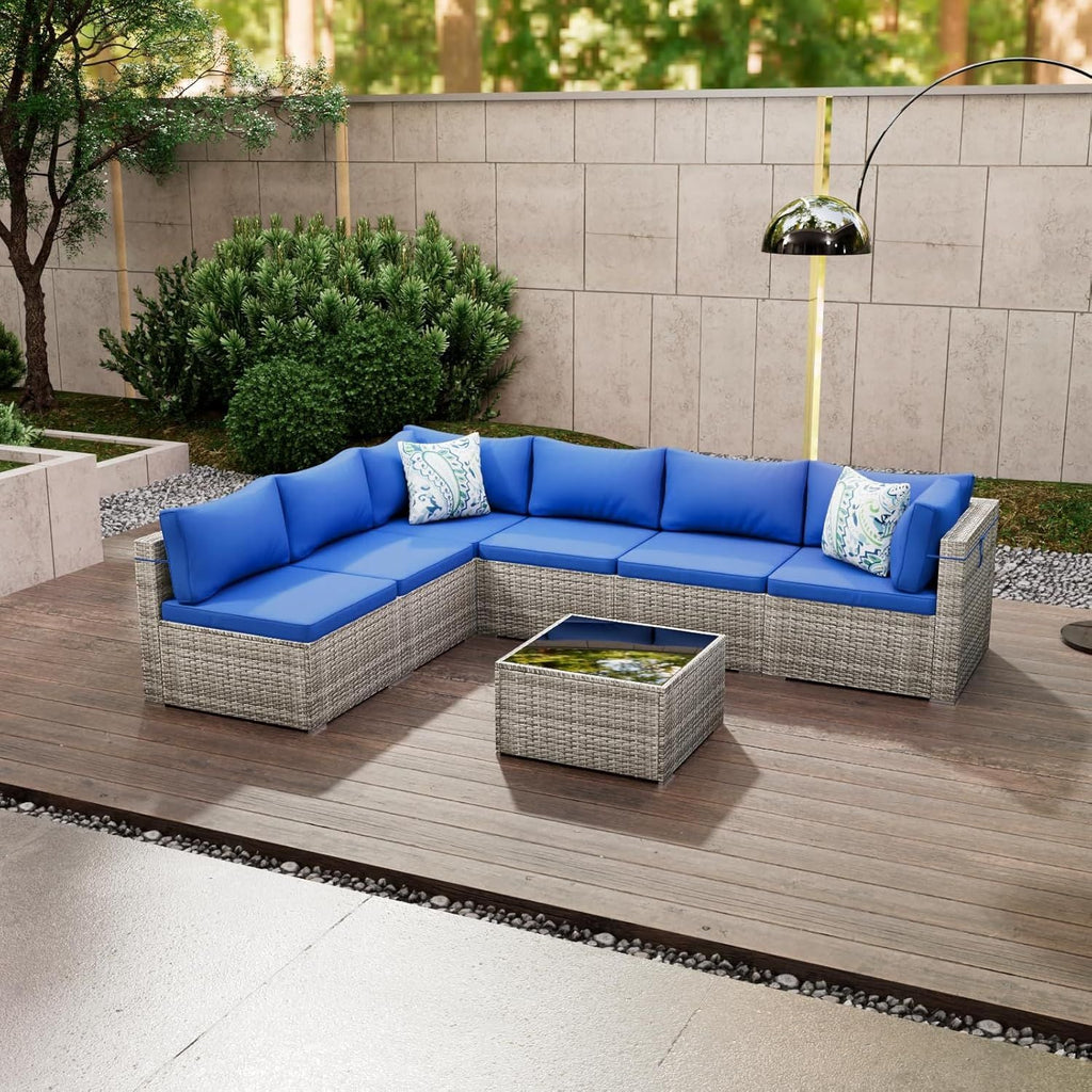 7 Pieces Outdoor Patio Furniture Set, Wicker Patio Conversation Sectional Sofa Set, All Weather PE Rattan Sofa with Glass Table and Cushions