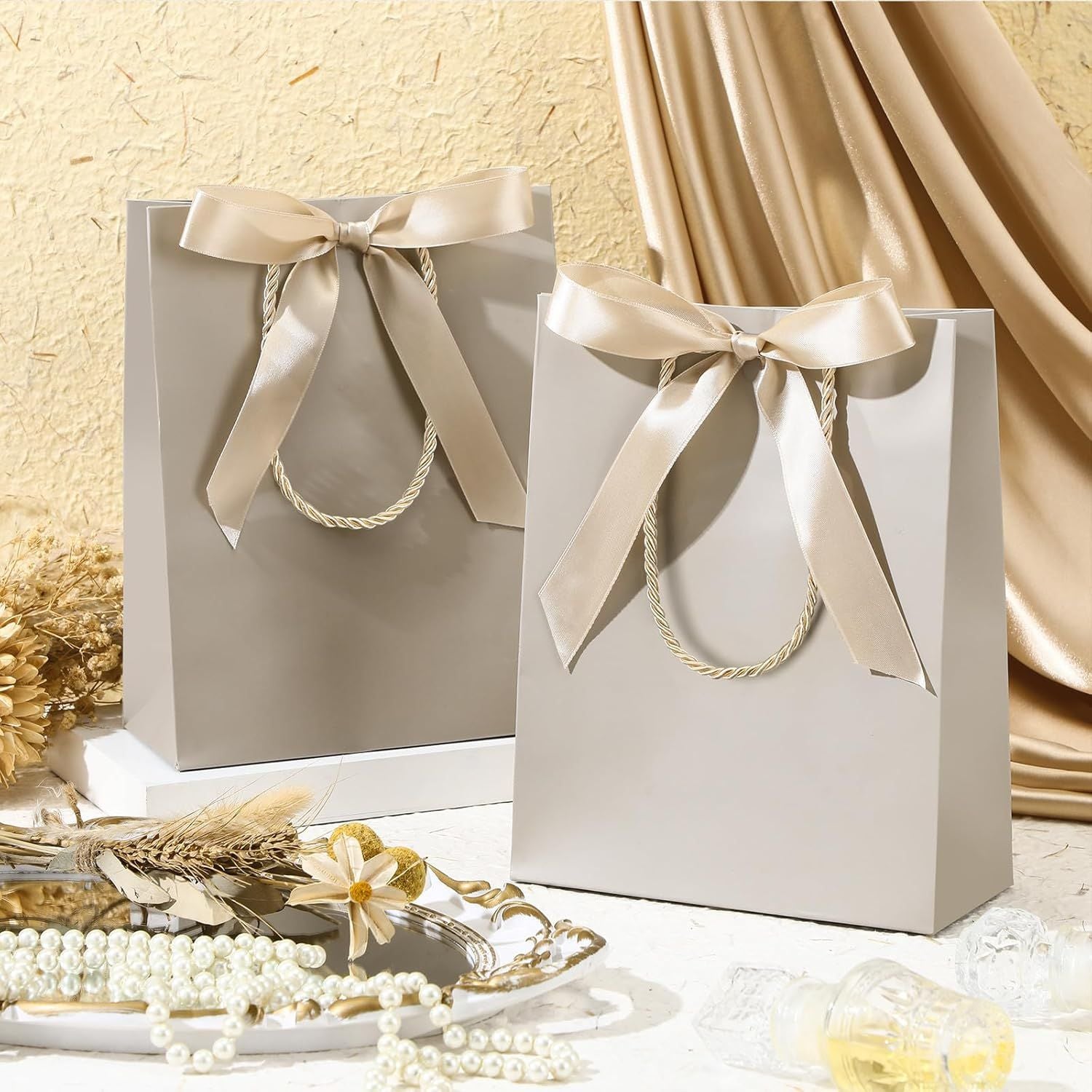 12/24 Pack Paper Gift Bags with Handle 9x7x3.15'' Thank You Gift Bags with Bow Ribbon for Holiday Valentines Wedding Bridal Baby Shower Birthday Party