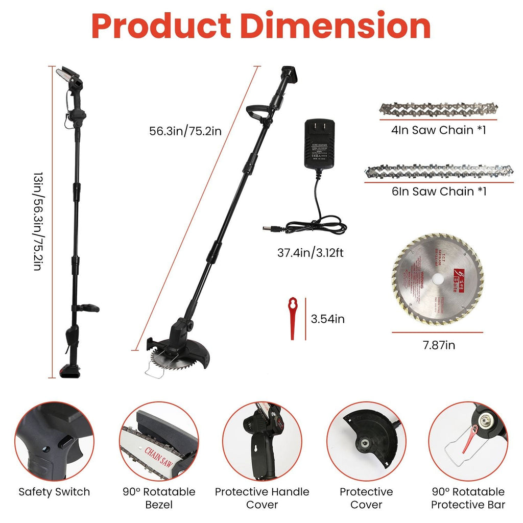 3-in-1 Cordless Electric Pole Saw & Mini Chainsaw & Grass Trimmer Kit with Adjustable Length 2Pcs 21V 1500mAh Batteries 4in/6in Chains Saw Blade 5Pcs Plastic Blades