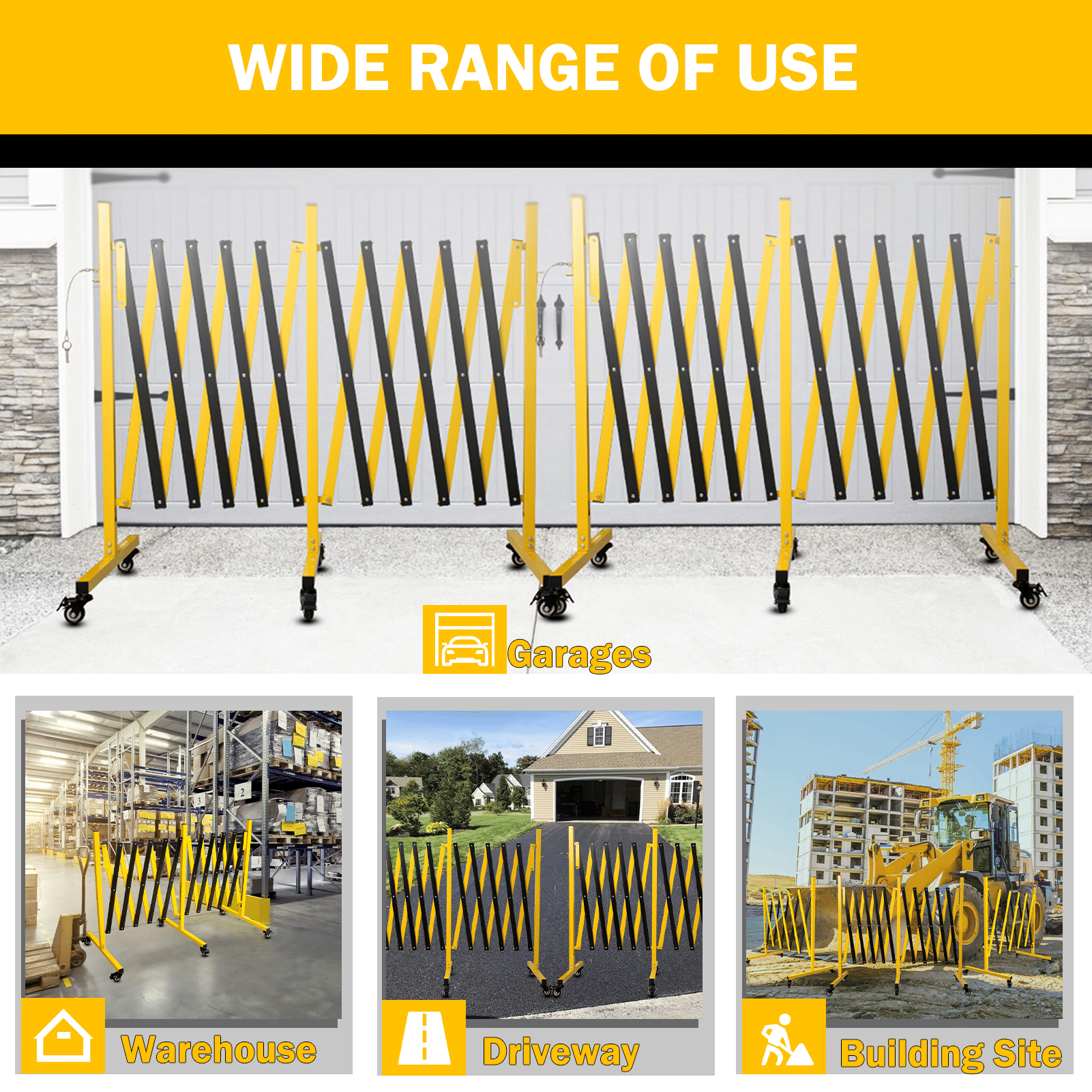 Metal Expandable Barricade,Folding Security Gate Safety Barrier with Casters,Mobile Barrier Gate, Adjustable Traffic Fence for Road Construction, Traffic Control,Cordon,Pool,Yellow Black