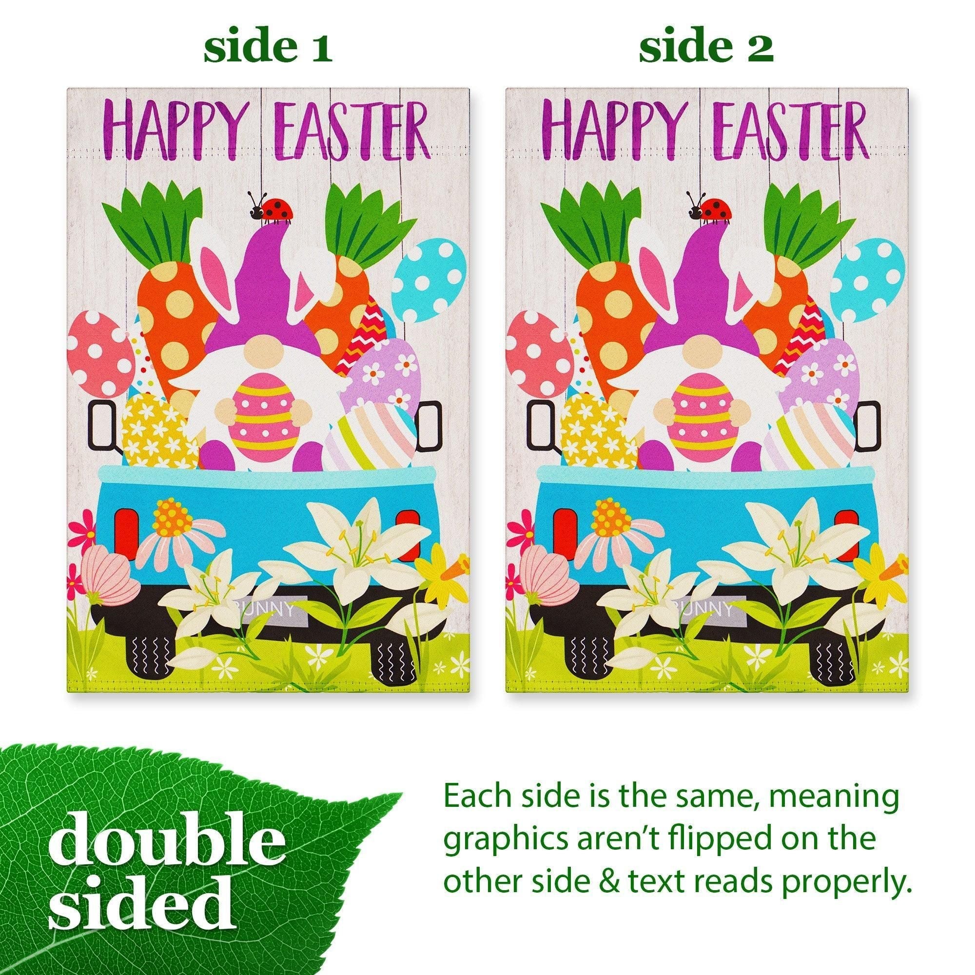 Garden Flag Happy Easter Rabbit Gnome in Truck 12x18 inch Blockout Fabric Double Sided