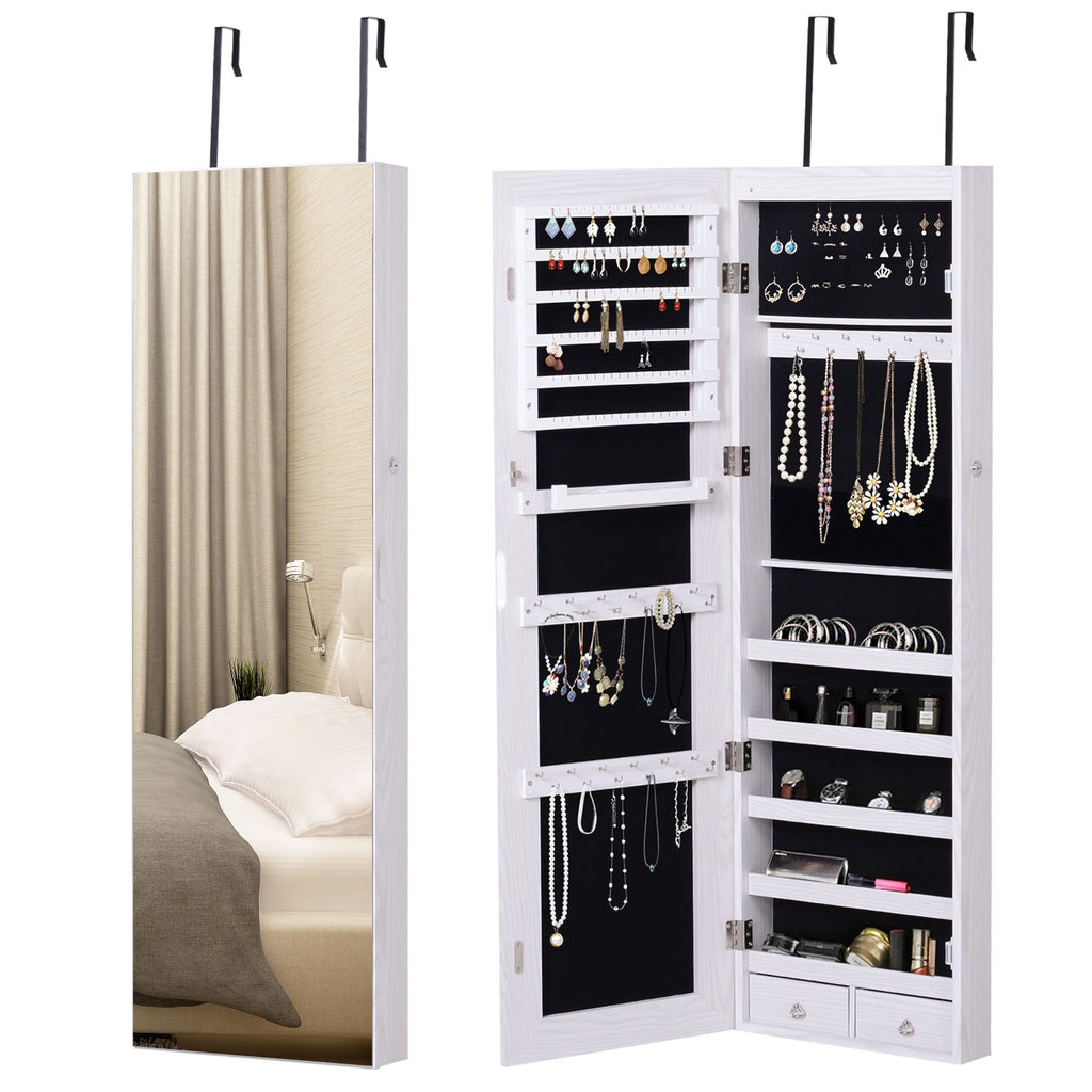 LED Lighted Mirror Jewelry Cabinet Wall Door Mounted Storage Organizer Armoire Wood Grain Gray