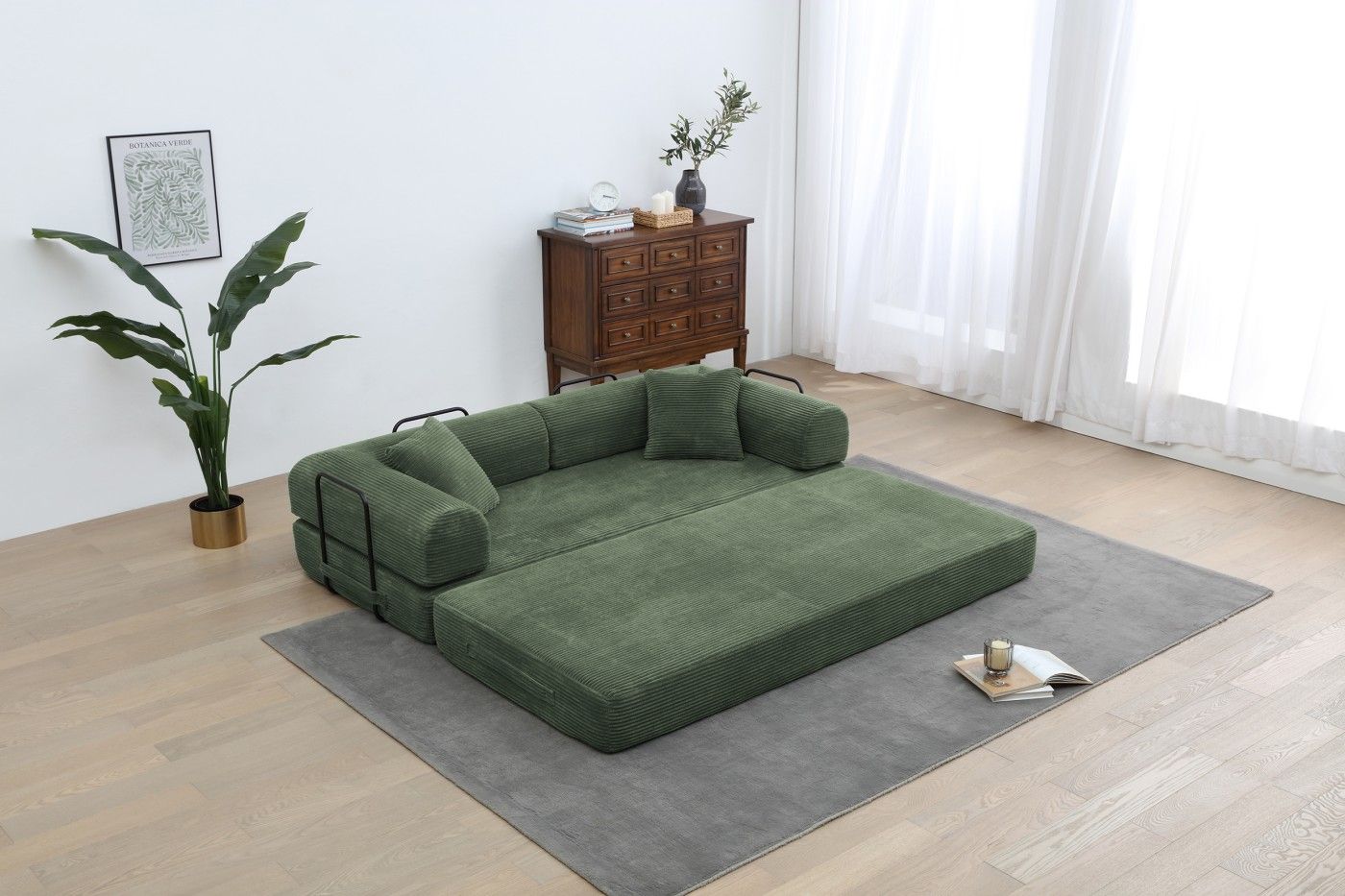 Foldable Sofa Bed, 77.9'' Folding Floor Couch, Compressed Convertable Sleeper Sofa, Memory Foam Couch with Pillow Back Support Armrest, 4-in-1 Futon Sofa Bed for Living Room, Army green