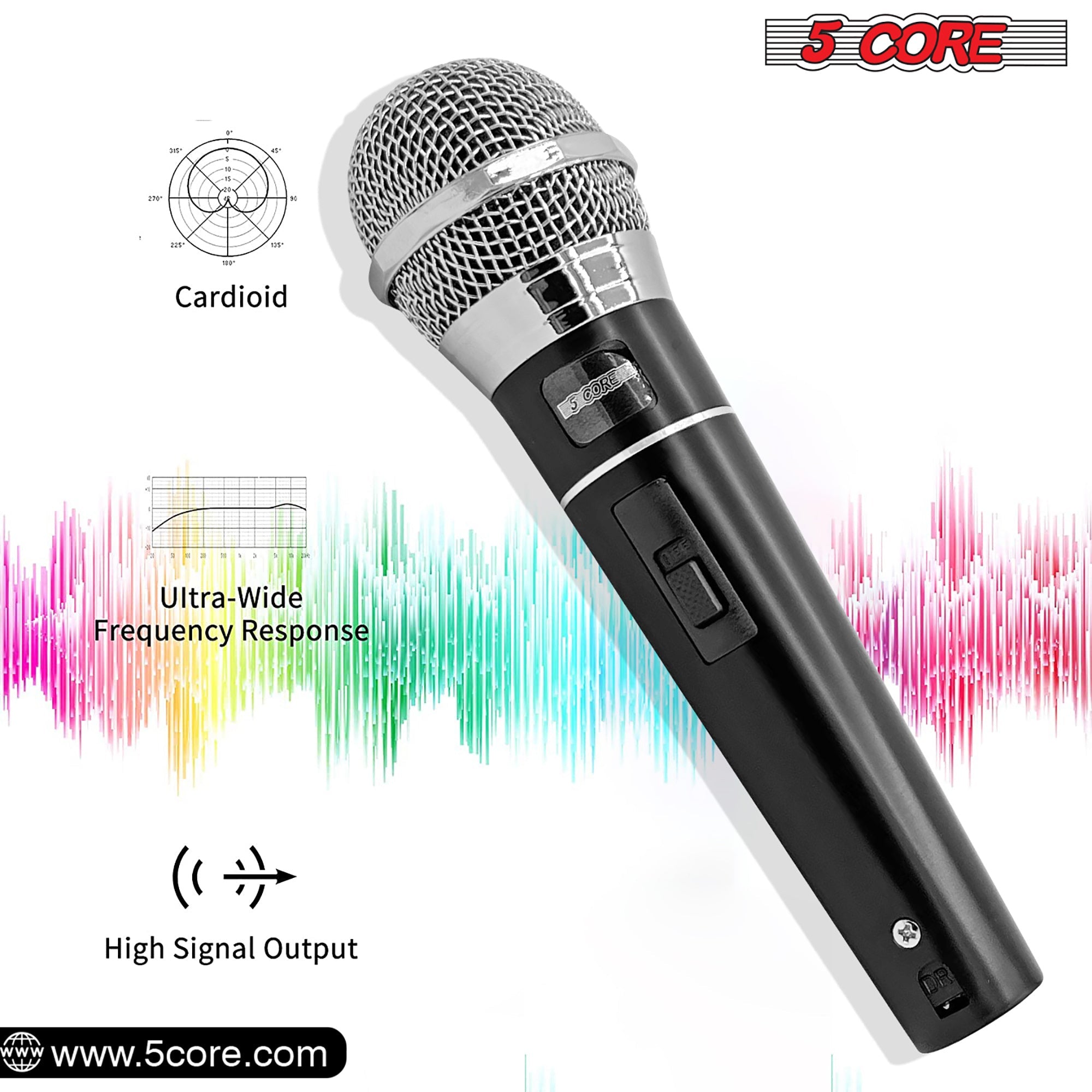 5 CORE Premium Vocal Dynamic Cardioid Handheld Microphone Unidirectional Mic with 16ft Detachable XLR Cable to ? inch Audio Jack and On/Off Switch for Karaoke Singing PM 100