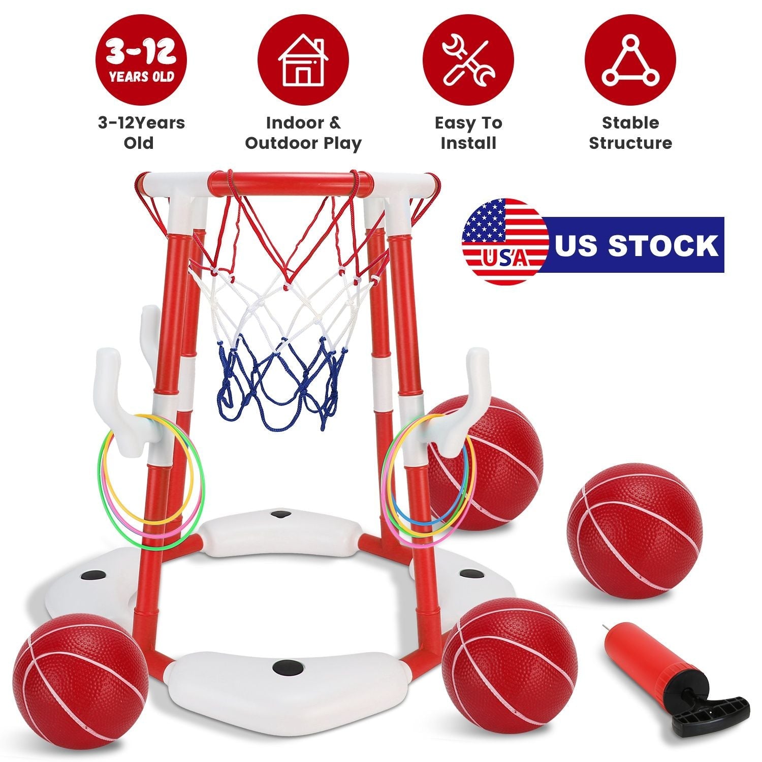 Summer Pool Basketball Hoop Toy Set With 4 Basketballs 4 Circles Pump Floating Swimming Pool Basketball Games Poolside Water Play Toy For 3-12Years Old Kids Adults